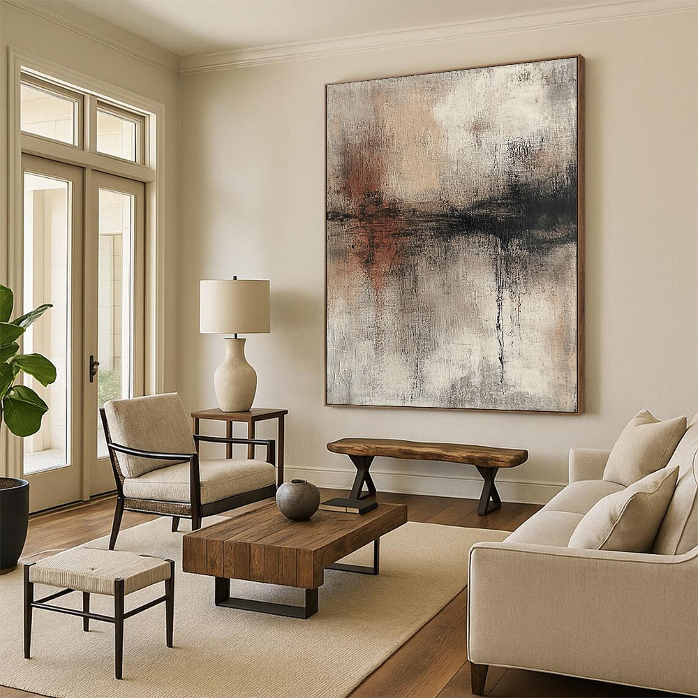 Contemporary hand-painted abstract artwork with a textured surface in neutral colors and muted tones showcasing a distressed look. DLZ0721
