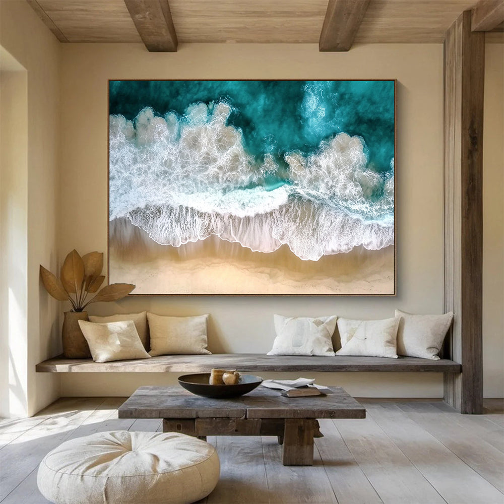“Aerial Ocean Waves” - Turquoise, Whites, Browns, Aerial View of Ocean Waves on Beach - Photography Art HB1761