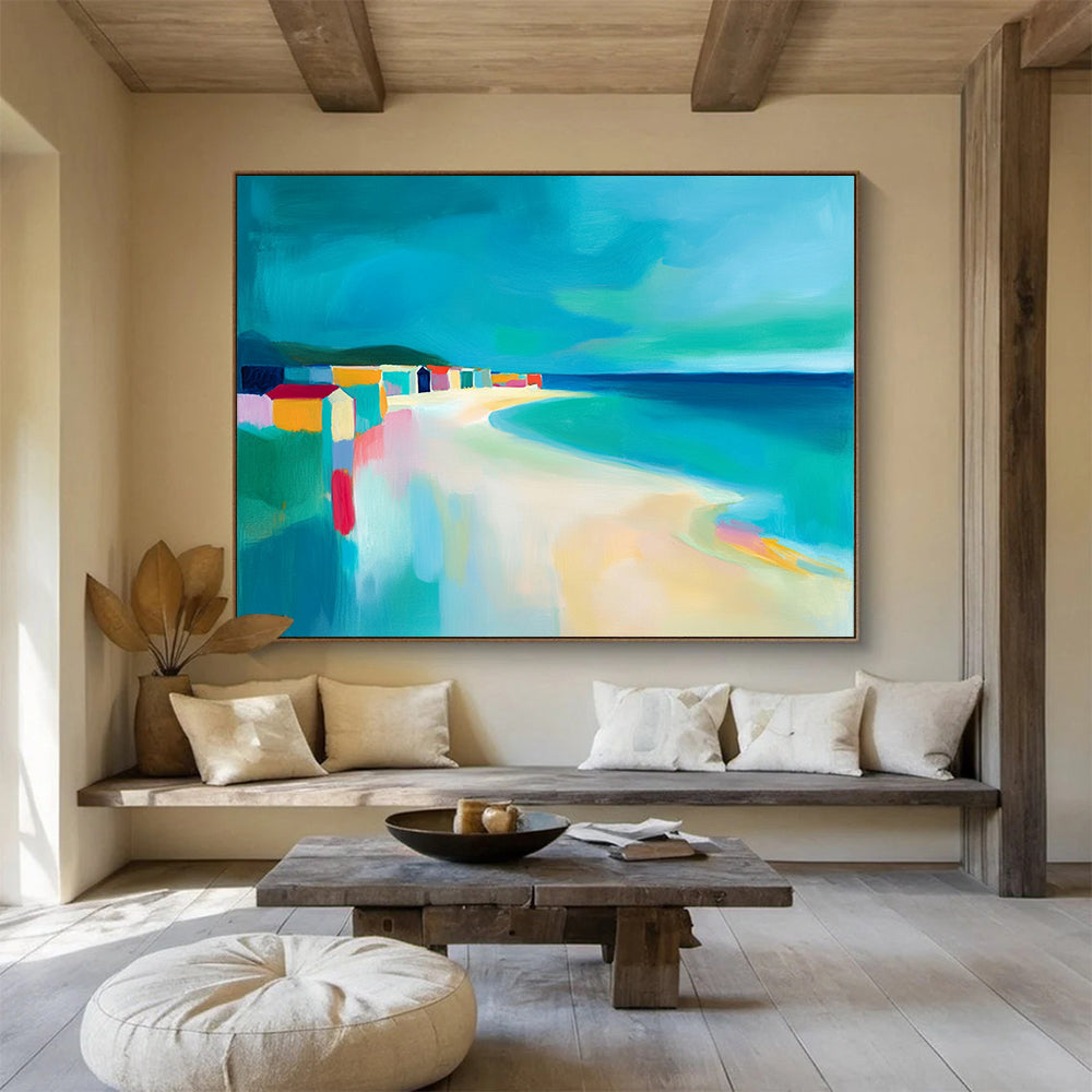 “Colorful Beach Scene with Abstract Houses” - Coastal Abstract Painting On Canvas HB0520
