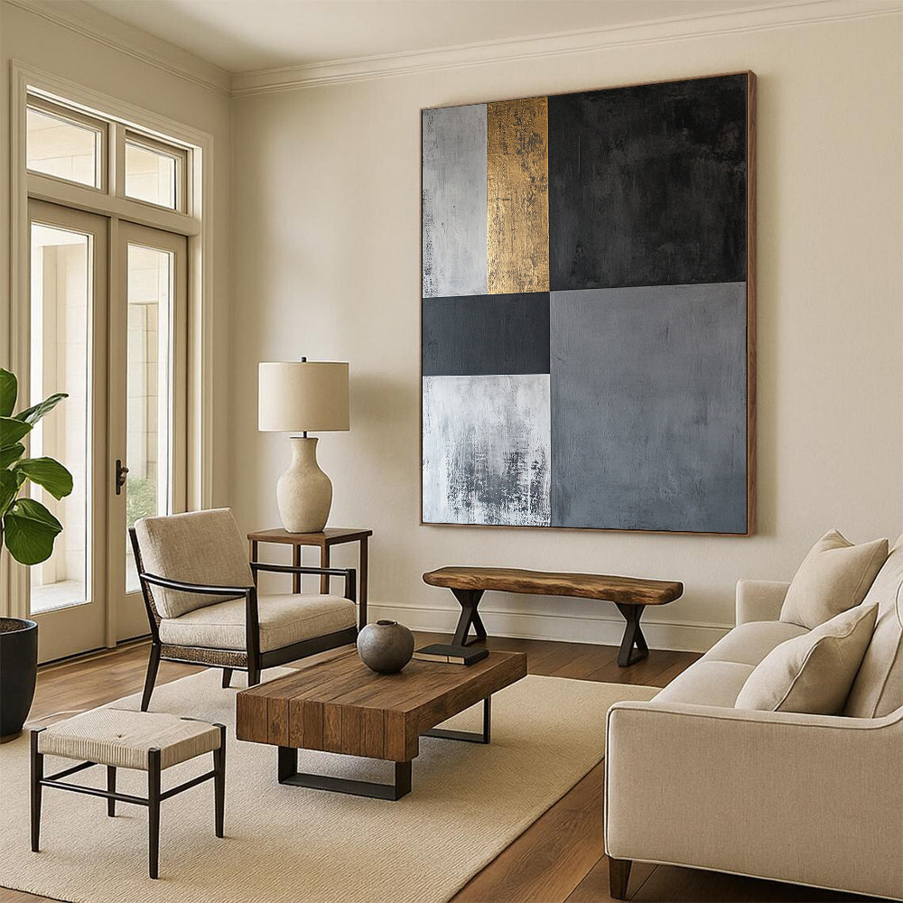Black, Gray, White and Gold Geometric Squares "Elegant Geometry" Painting On Canvas HB352