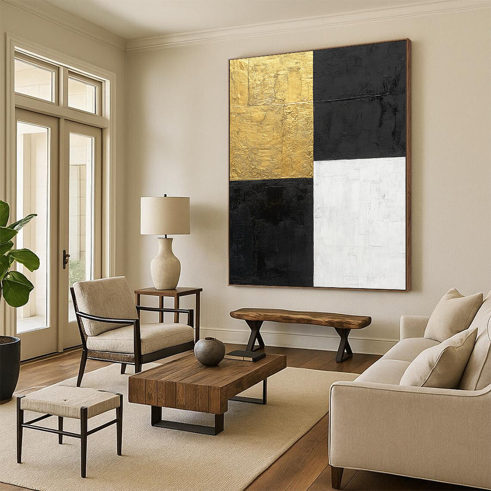 Black, Gold, White with Bold Squares "Minimalist Impact" Abstract Painting On Canvas HB009