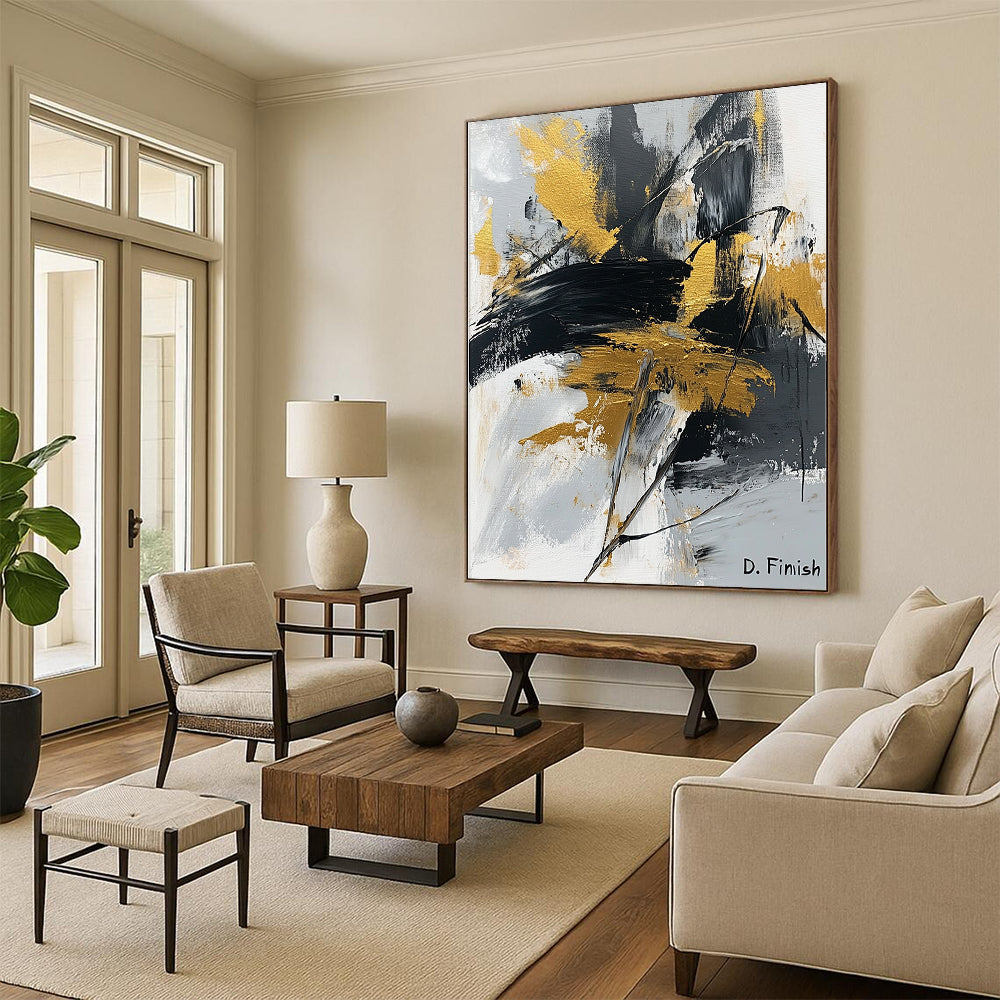 Contemporary abstract artwork featuring bold black white and gold brush strokes and palette knife technique with signature D Finish. DLZ1557