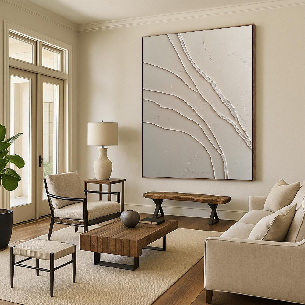 Contemporary abstract art featuring textured white plaster and graceful S-shaped lines creates a striking visual contrast and depth. DLZ1435