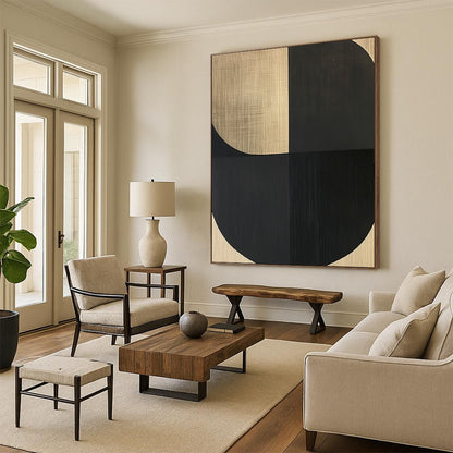 Contemporary abstract painting featuring bold shapes and simple lines on wood grain background, creating an elegant atmosphere of calm and tranquility. DLZ1535