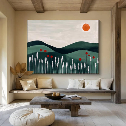 “Minimalist Green Hills” - Blocky green hills, white plants, and an orange sun, Minimalist Landscape Painting On Canvas HB0547