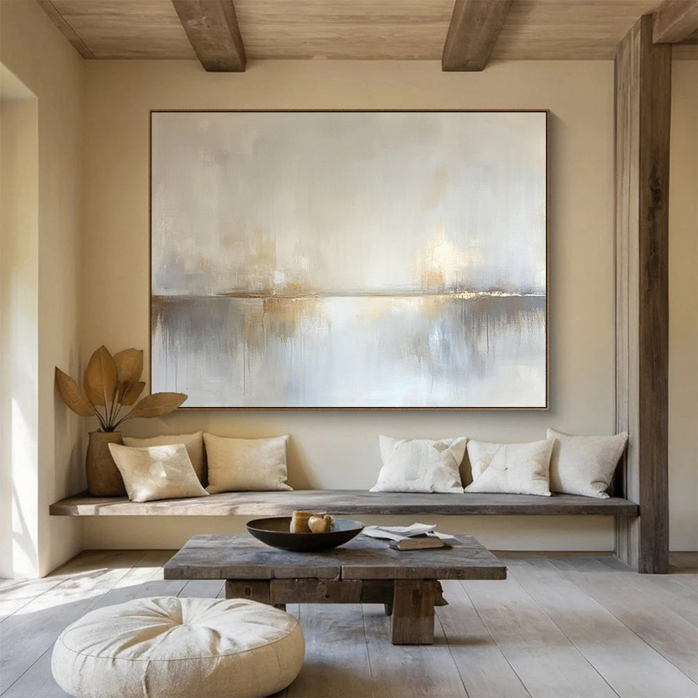 “Dreamy Horizon Reflection” - Pale beige, soft gray, white, Abstract Landscape Painting On Canvas HB0613