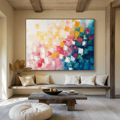 “Dynamic Square Composition” - Pink, Red, Yellow, Blue, White - Energetic Square Abstract - Acrylic Painting HB1321