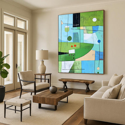 Contemporary abstract painting inspired by golf greens featuring dynamic lines and shapes with subtle color accents. DLZ0596
