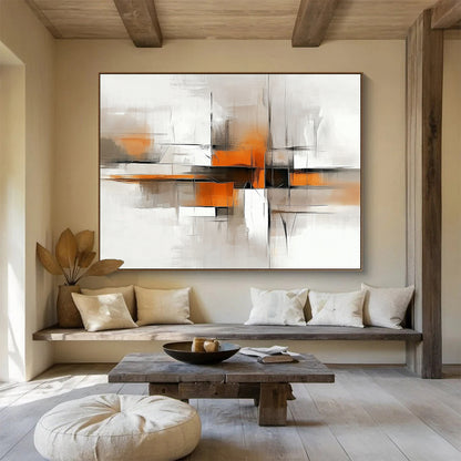 “Geometric Abstract in Gray and Orange” - Gray, orange, white, black; Geometric abstract with lines and blocks; Acrylic Painting On Canvas HB1219