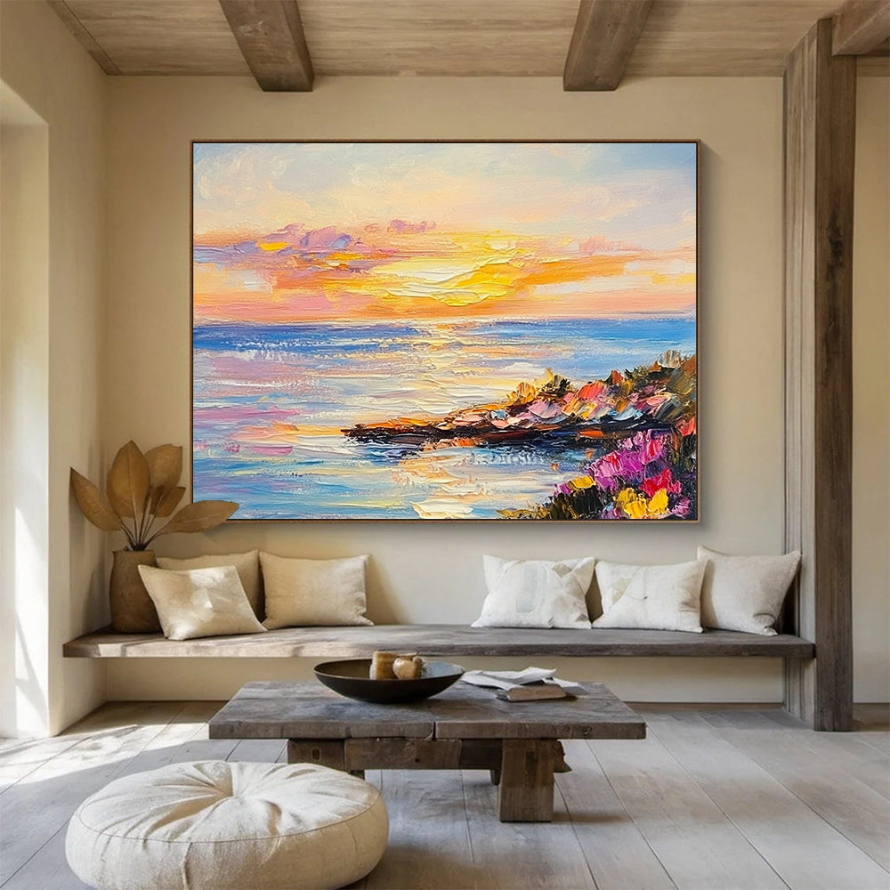 Colorful Coastal Sunset with Wildflowers - Impressionistic Seaside Painting On Canvas HB0442
