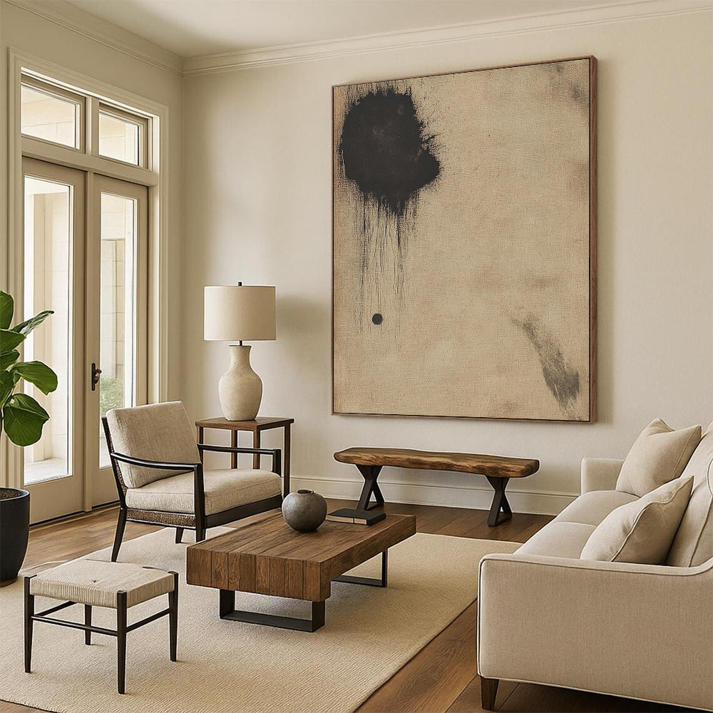Contemporary hand-painted abstract art on antique beige paper featuring a small dark circle and a large black smudge for a striking visual impact. DLZ0678