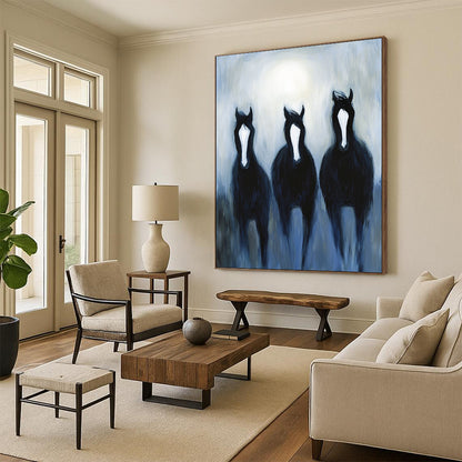 Contemporary hand-painted abstract art features three black horses with white stripes galloping in moonlight against a misty night backdrop. DLZ1713