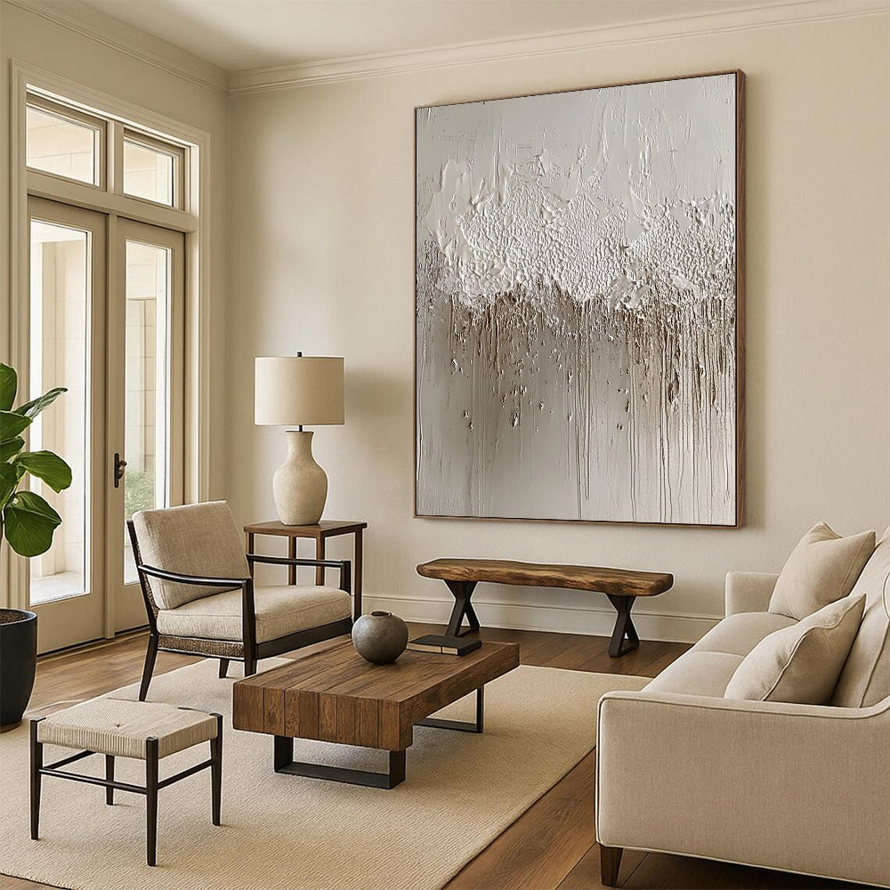 Contemporary abstract artwork featuring textured silver foil layers and intricate gray patterns resembling water droplets, inspired by Chinese ink paintings and concrete art. DLZ1516