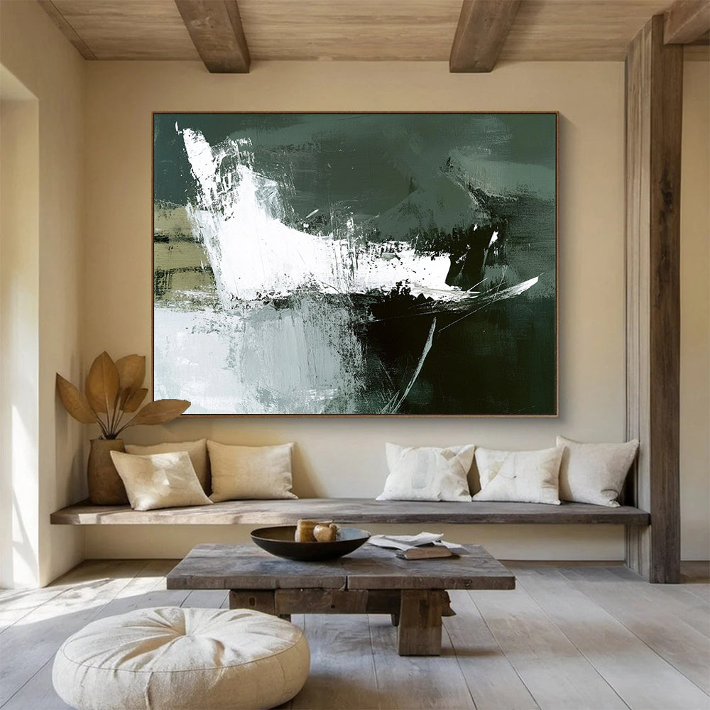 “Dark Green Abstract Strokes” - Green, White, Black with Bold Strokes - Abstract Acrylic Painting HB1349