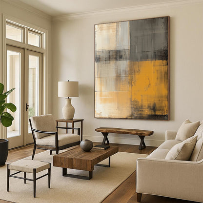 Contemporary abstract artwork featuring an urban city wall in muted yellow and beige hues with a textured vintage aesthetic inspired by Euan Uglow. DLZ0587