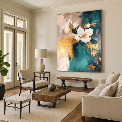 Contemporary abstract painting featuring atmospheric gold leaf accents with teal and white tones and layered flowers on a neutral background. DLZ0502