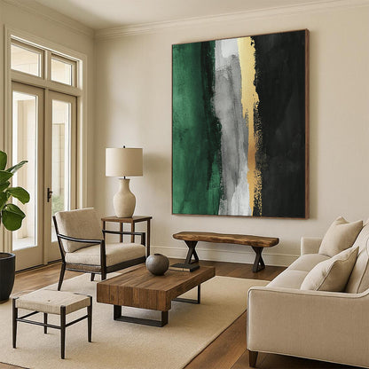 Contemporary abstract artwork featuring thick brush strokes gold leafing and a color palette of gray white black and green with a striking vertical yellow line. DLZ1630