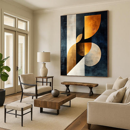 Modern abstract painting featuring elegant female form in dark blue beige and white with golden accents showcasing harmony of curves and geometric shapes. DLZ1370