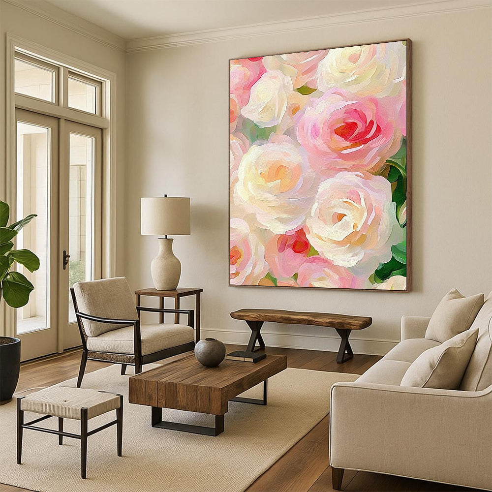 Contemporary hand-painted abstract artwork featuring soft pink and cream roses in an impressionist style, elegantly capturing romance against a muted pastel background. DLZ1203