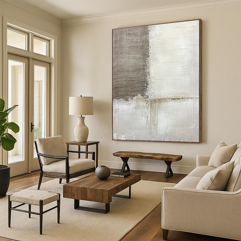 Contemporary hand-painted abstract artwork featuring textured linen and subtle paint streaks set against a soft grayish-white background for added depth. DLZ1171