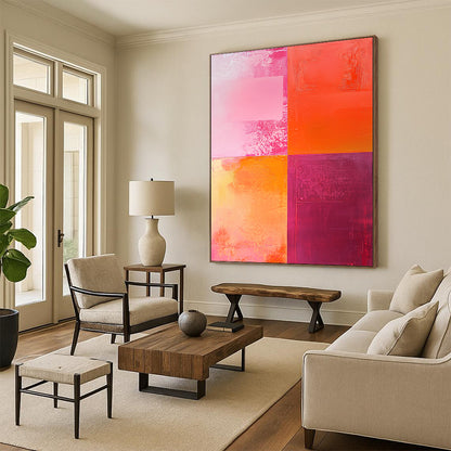 Contemporary hand-painted abstract artwork featuring textured shades of pink and orange with a striking central light red square and dynamic color interplay. DLZ1265