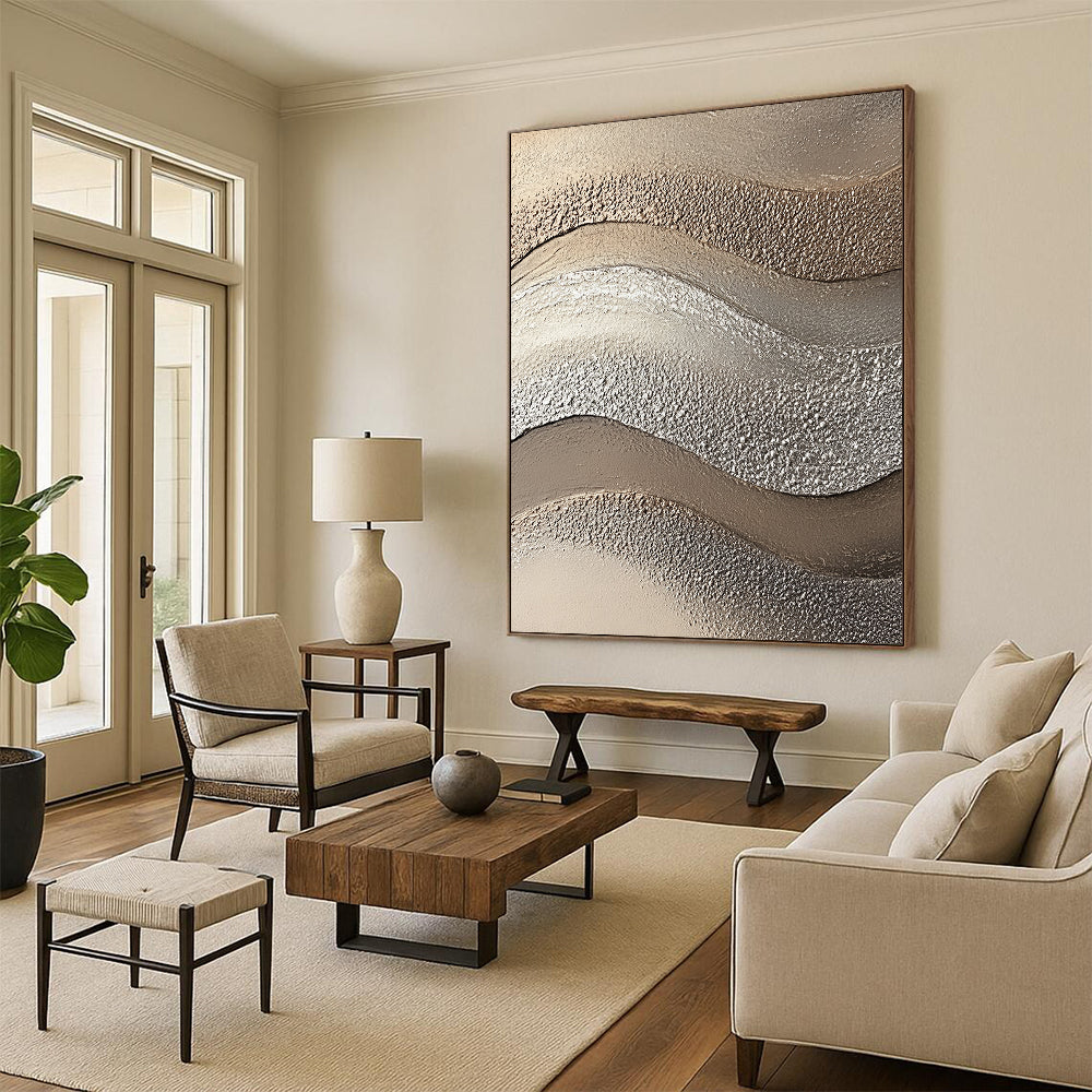 Contemporary abstract artwork showcasing textured sandstone in wave-like patterns with beige and silver tones, enhancing visual depth and captivating beach aesthetics. DLZ1205