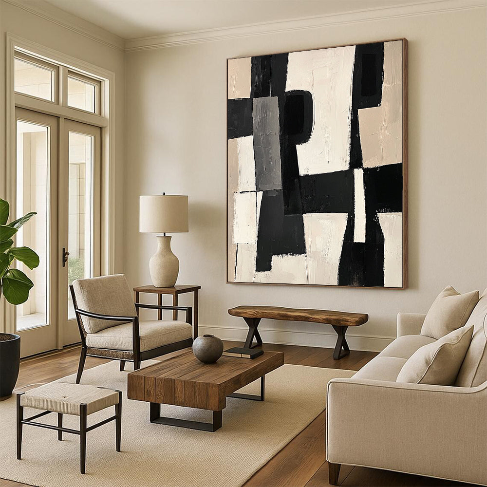 Large contemporary hand-painted abstract artwork featuring black and white shapes with bold brush strokes on a beige background in a modern cubist style. DLZ1409