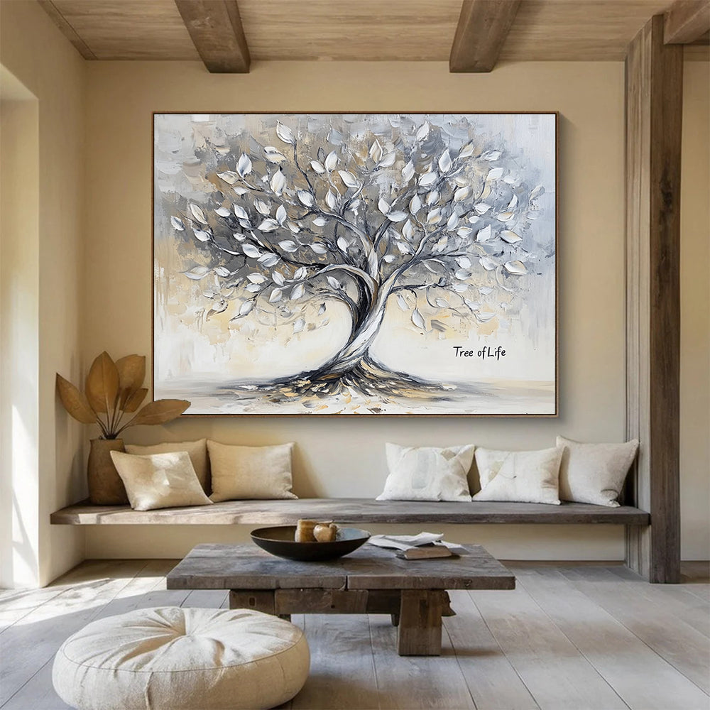 Neutral - Toned Tree of Life - Textured Symbolic Painting On Canvas HB0457