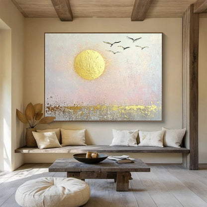 “Golden Sun and Birds” - Gold, pink, gray; Abstract sun and birds; Textured Acrylic Painting On Canvas HB1194
