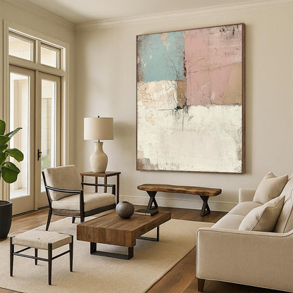 Contemporary hand-painted abstract art featuring a vintage wall effect with distressed pastel tones creating a unique textured visual experience. DLZ1501