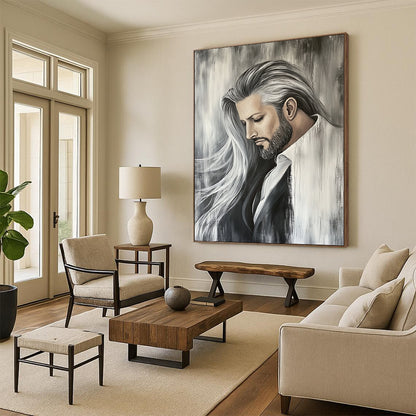 Contemporary hand-painted abstract art featuring a white horse with a flowing mane against a muted grey backdrop, capturing dynamic movement and elegance. DLZ1514