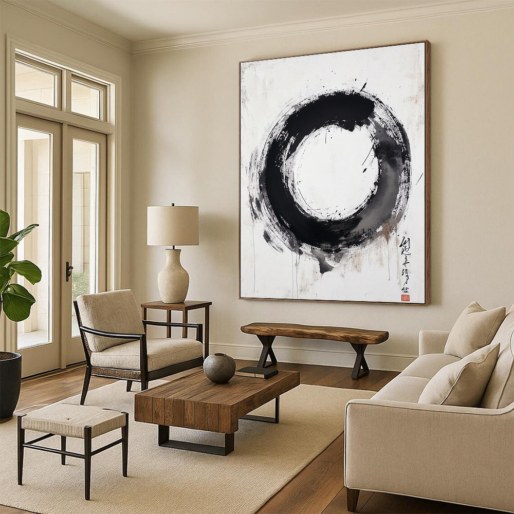 Black, White, Textured Circle "Pure Enso" Abstract Minimalist Painting On Canvas HB107