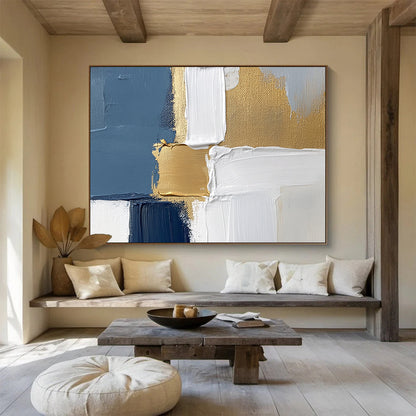 Blue, White, and Gold Geometric Abstract - Modernist Painting On Canvas HB0501