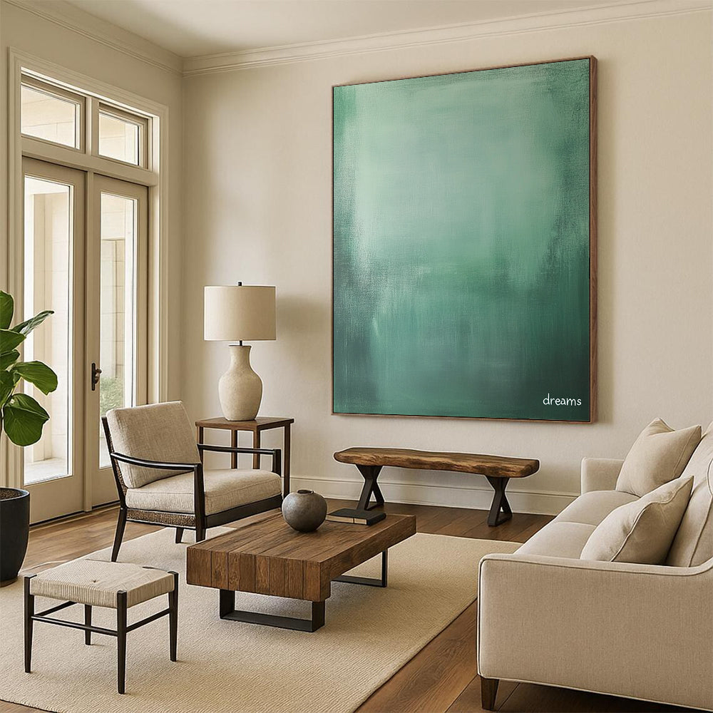 Contemporary abstract art features a tranquil green and grey gradient with the word dreams in white, perfect for evoking nostalgia and solitude in photography. DLZ1283