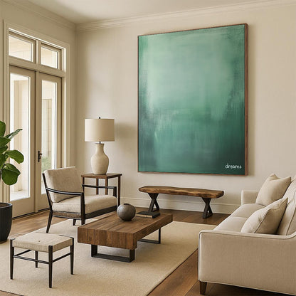 Contemporary abstract art features a tranquil green and grey gradient with the word dreams in white, perfect for evoking nostalgia and solitude in photography. DLZ1283