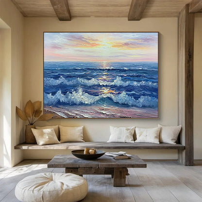 Sunset Sea Wave Oil Painting - Coastal Living Room or Bedroom Art DLZ218