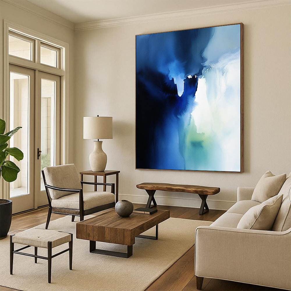 Contemporary abstract watercolor artwork featuring an ethereal ice wall in blue and white with translucent layers and sky-blue shadows. DLZ1081