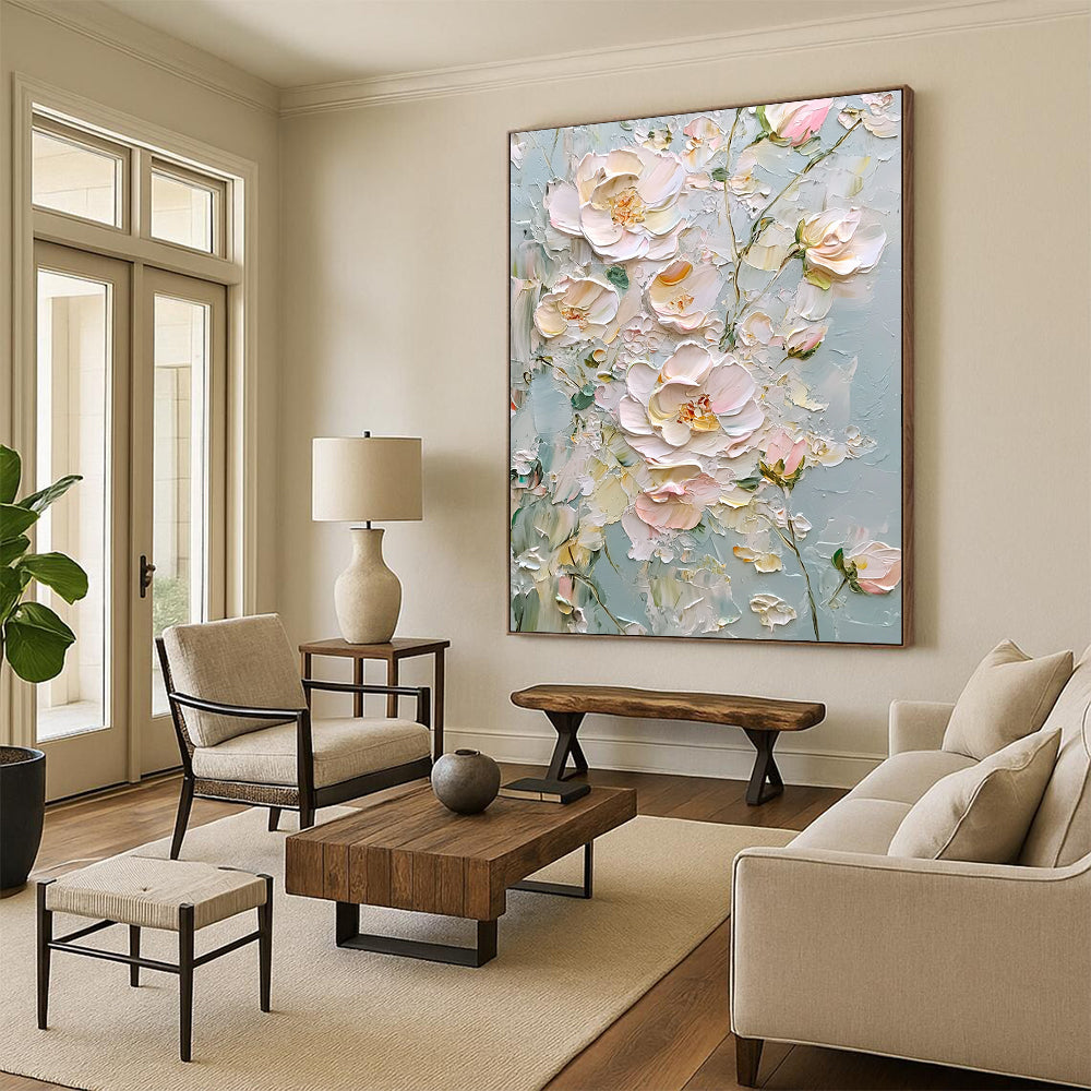 Contemporary hand-painted abstract art featuring light pink and white flowers on a gray background with thick impasto texture and a dreamy atmosphere. DLZ1669