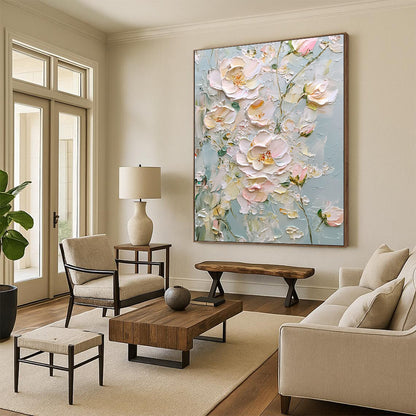 Contemporary hand-painted abstract art featuring light pink and white flowers on a gray background with thick impasto texture and a dreamy atmosphere. DLZ1669