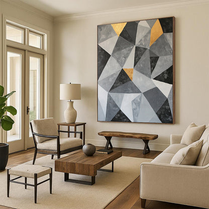 Gray, Black, White and Gold Geometric Triangles "Subtle Symmetry" Painting On Canvas HB364