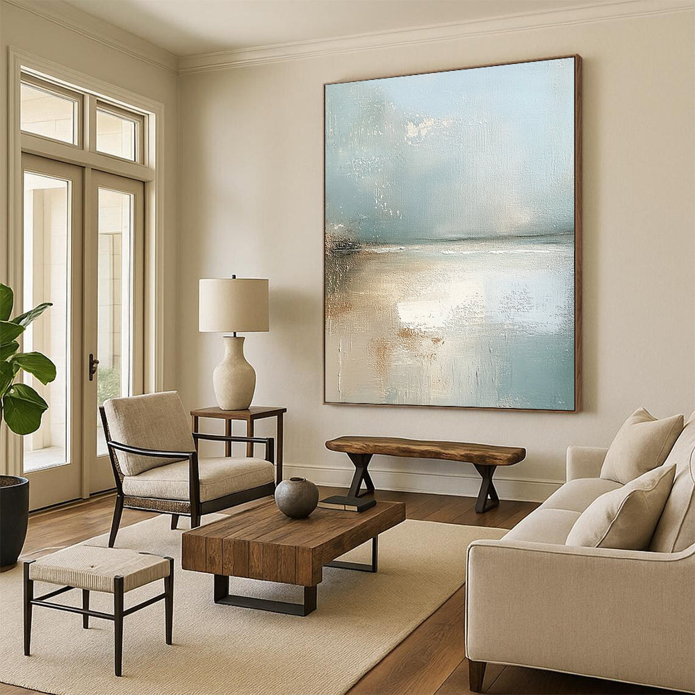 Contemporary abstract painting showcasing an Irish beach with light blue and neutral tones featuring soft edges and a serene atmosphere. DLZ0460