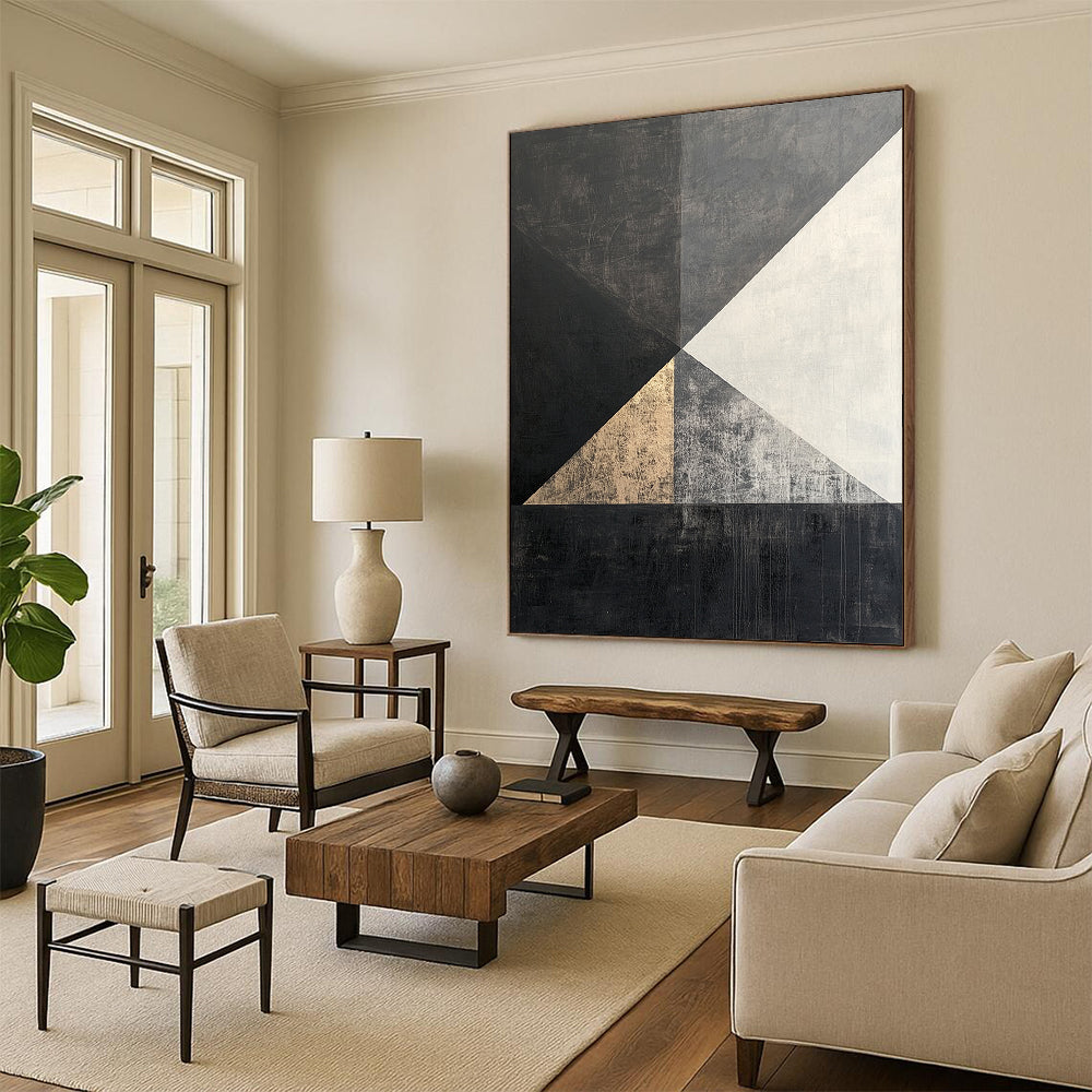 Black, White, Gray, Gold, Triangular Geometry "Gilded Triangle Tango" Abstract Cubist - Inspired Painting On Canvas HB122