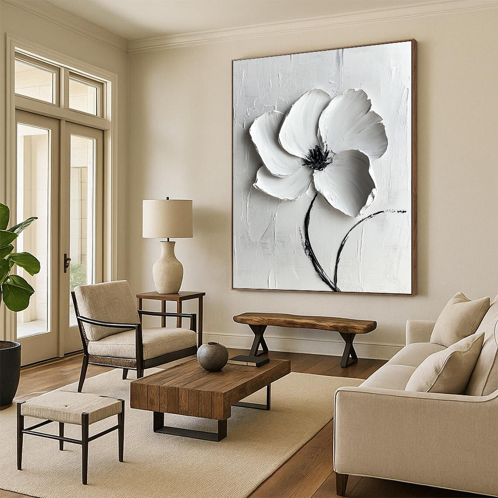 Contemporary large abstract painting featuring a white flower with textured lines and gentle lighting on a pure white background. DLZ1741