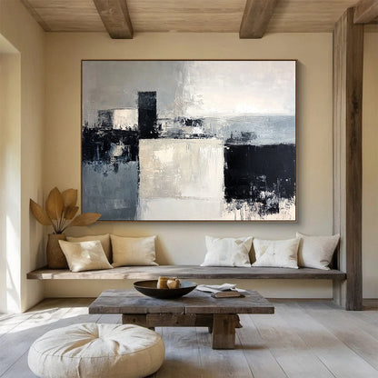 “Geometric Abstract in Gray and Black” - Gray, black, white; Geometric shapes in gray, black, and white; Textured Acrylic Painting On Canvas HB1204