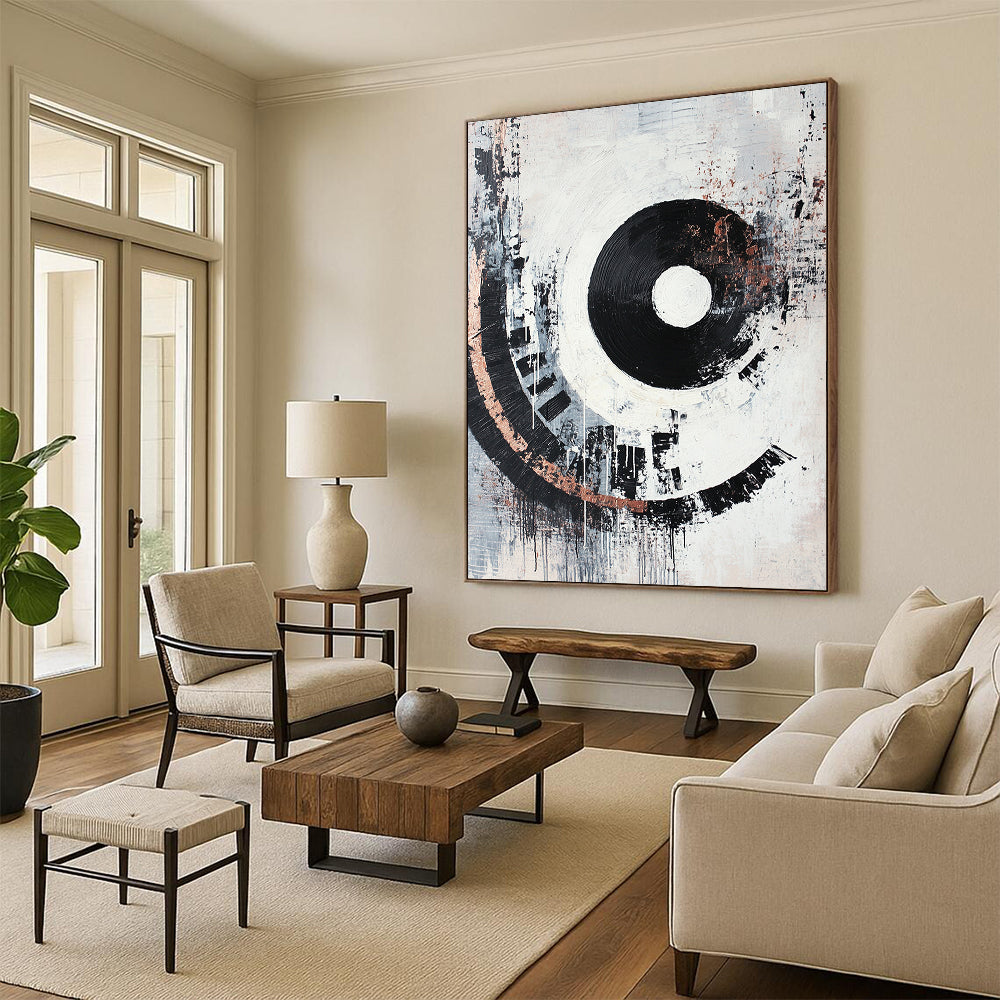 Black, White, Gray, Copper, Concentric Circles "Industrial Echo" Abstract Cubist - Inspired Painting On Canvas HB072