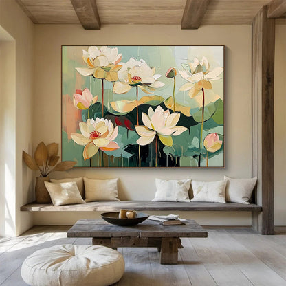 “Textured White Lotus Flowers” - White, Green, Pink, Layered Lotus Blooms - Impasto Acrylic Painting HB1651