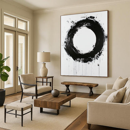 White, Black and Gold Abstract Circle "Zen Enso" Painting On Canvas HB365