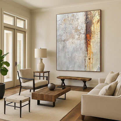 Contemporary large hand-painted abstract artwork showcasing detailed textures of concrete and rust in neutral colors inspired by Sargent and Sturgis. DLZ1506