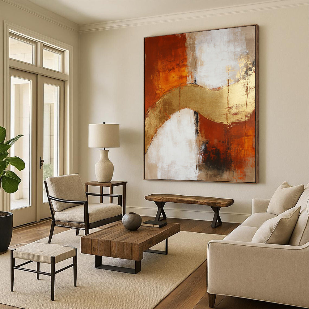 Large contemporary hand-painted abstract artwork featuring beige and rust hues, elegantly accented with gold details. DLZ0726