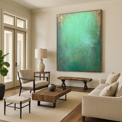 Contemporary hand-painted abstract art features an emerald green gradient with textured layers of seafoam and hints of shimmering gold for depth. DLZ1293